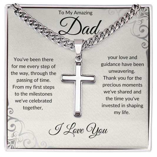 Personalized Steel Cross Necklace on Cuban Chain- To My Amazing Dad